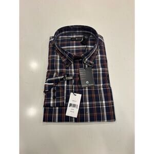 Cotton Traders Classic Fit Plaid Button-Down Shirt Navy White Red Brown Men's XL